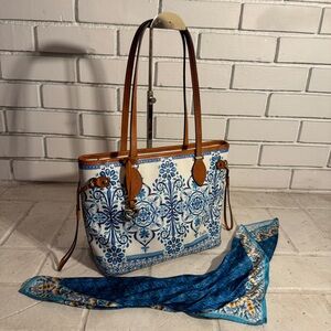 Brighton Brielle Blue White British Tan Leather Trim Coated Canvas Tote + SCARF